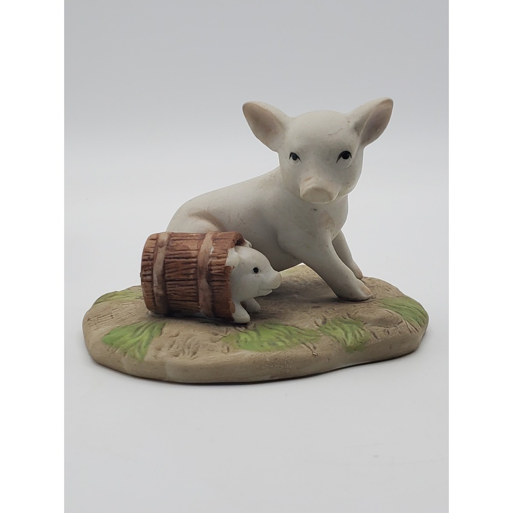 Vintage 1983 Enesco Porcelain Pig Family in Barrel Figurine